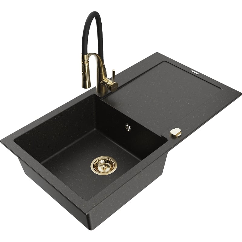 Mexen Leo granite sink 1-bowl with drainer and kitchen faucet Aster, black/golden metallic - 6501-75-73450-57-G