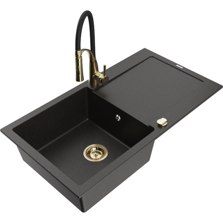 Mexen Leo 1-bowl granite kitchen sink with drainer and Aster kitchen tap, black/golden metallic - 6501-75-73450-57-G