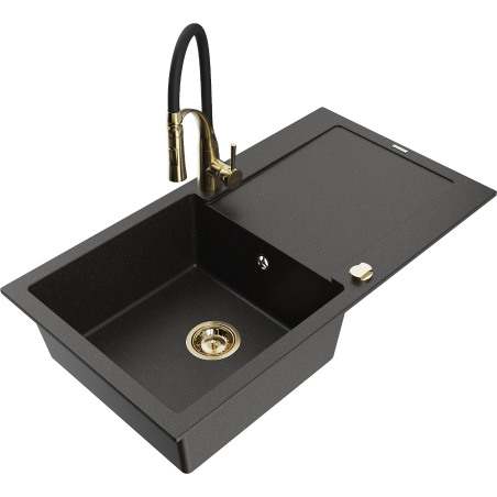 Mexen Leo granite sink 1-bowl with drainer and kitchen faucet Aster, black/golden metallic - 6501-75-73450-57-G