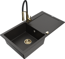 Mexen Leo Black/Gold Metallic Granite Single-Bowl Sink with Drainer and Aster Kitchen Faucet - 6501-75-73450-57-G