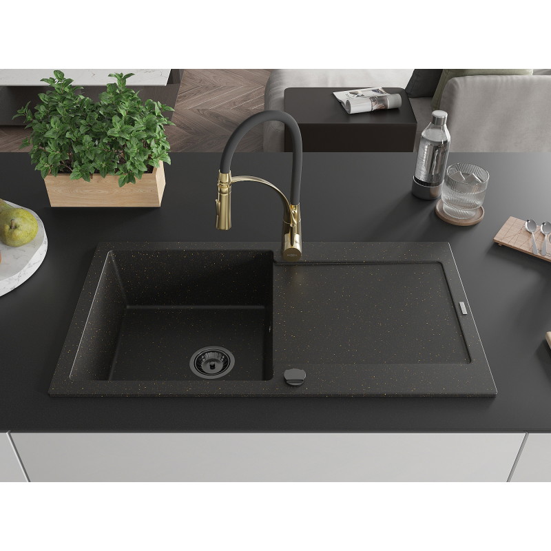 Mexen Leo granite kitchen sink with one compartment and drainer with Aster kitchen faucet, black/golden metallic