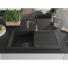 Mexen Leo granite kitchen sink with one compartment and drainer with Aster kitchen faucet, black/golden metallic