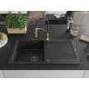 Mexen Leo granite sink 1-bowl with drainer and Aster kitchen tap, black/gold metallic - 6501-75-73450-57-B