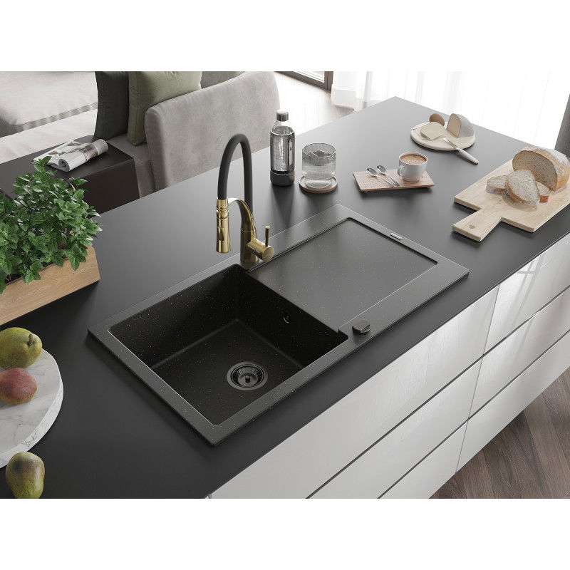 Mexen Leo granite sink 1-bowl with drainer and Aster kitchen tap, black/gold metallic - 6501-75-73450-57-B