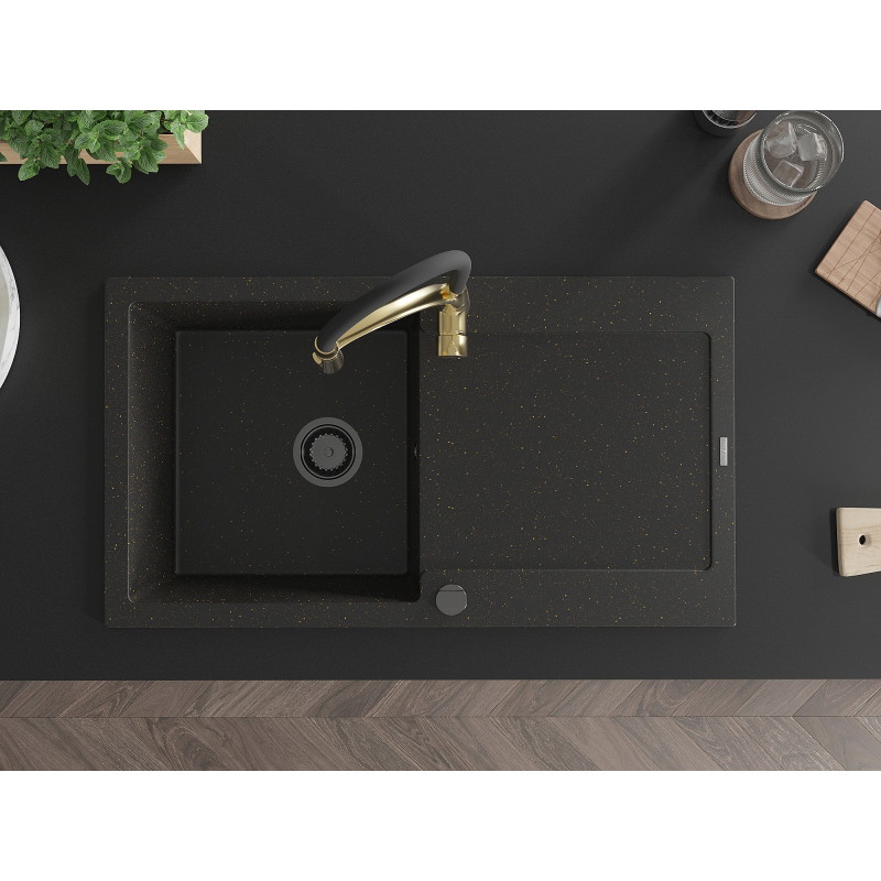 Mexen Leo granite kitchen sink with one compartment and drainer with Aster kitchen faucet, black/golden metallic