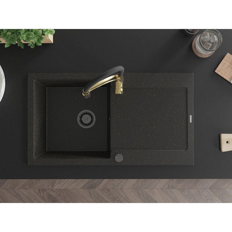 Mexen Leo granite sink 1-bowl with drainer and Aster kitchen tap, black/gold metallic - 6501-75-73450-57-B