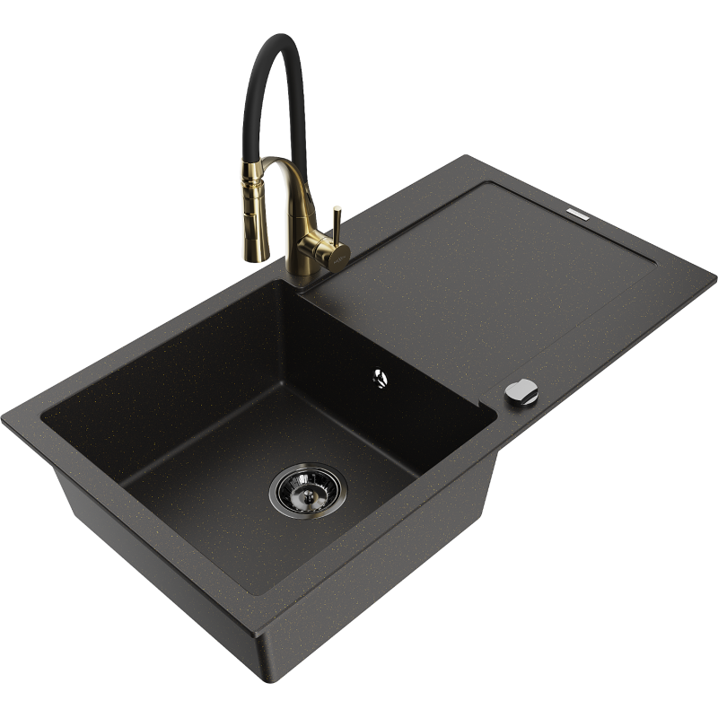Mexen Leo 1-compartment granite sink with a drip tray and kitchen mixer tap Aster, Black/Gold metallic - 6501-75-73450-57-B