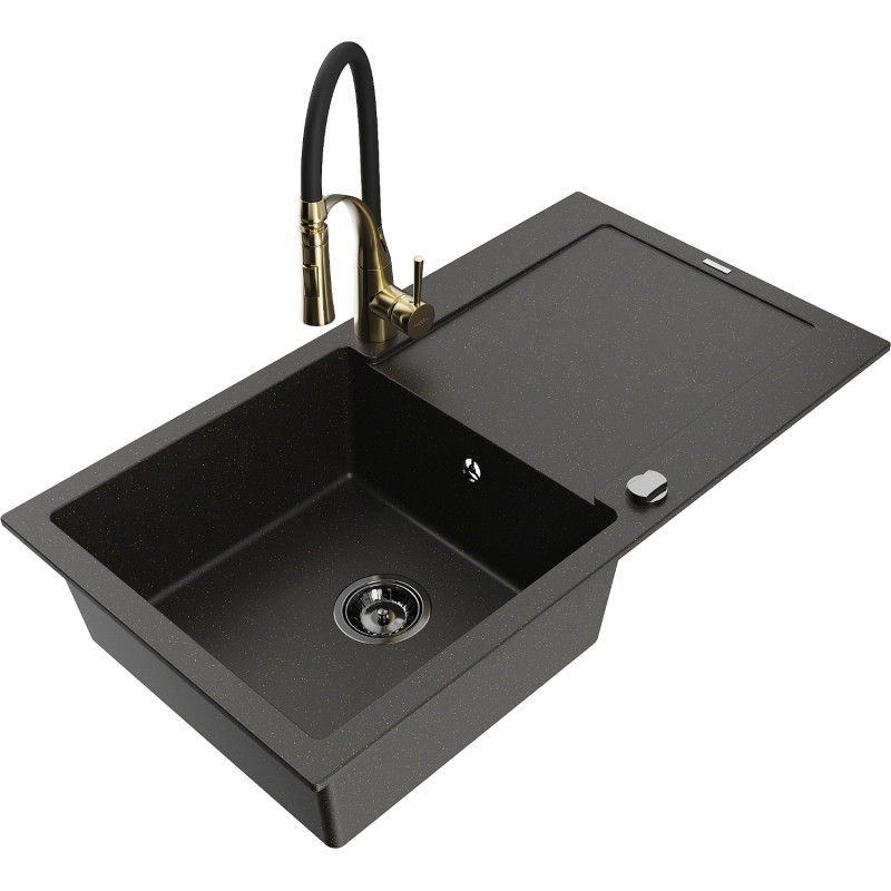 Mexen Leo granite kitchen sink 1-bowl with drainer and kitchen faucet Aster, black/gold metallic - 6501-75-73450-57-B