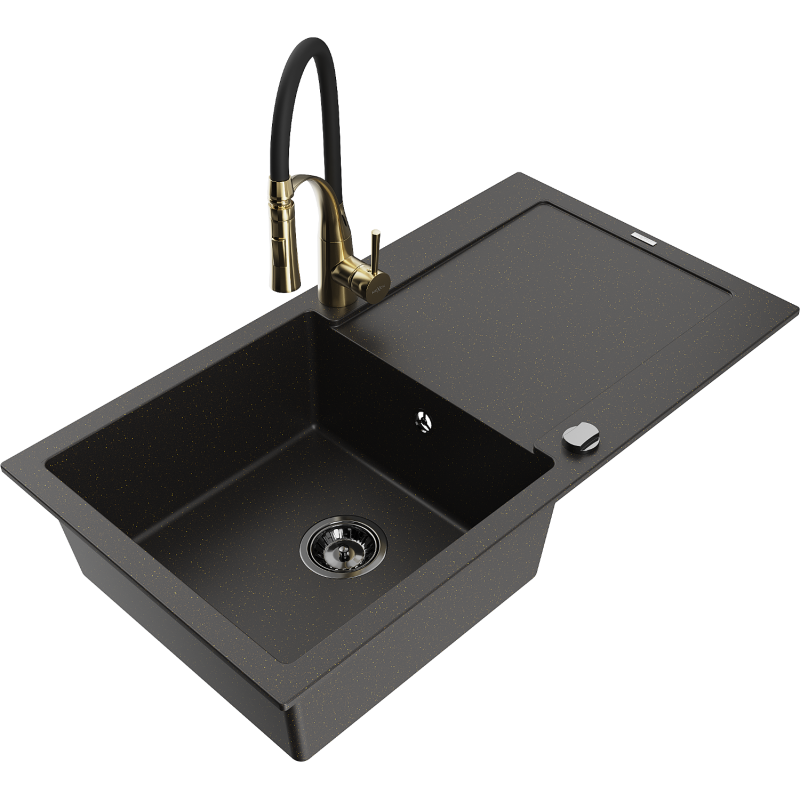 Mexen Leo granite sink 1-bowl with drainer and Aster kitchen tap, black/gold metallic - 6501-75-73450-57-B