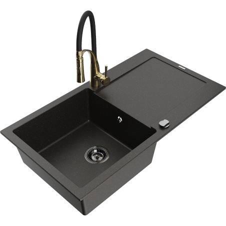 Mexen Leo granite kitchen sink 1-bowl with drainer and kitchen faucet Aster, black/gold metallic - 6501-75-73450-57-B
