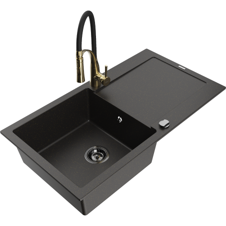 Mexen Leo granite sink 1-bowl with drainer and Aster kitchen tap, black/gold metallic - 6501-75-73450-57-B