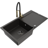 Mexen Leo granite kitchen sink with one compartment and drainer with Aster kitchen faucet, black/golden metallic