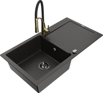 Mexen Leo granite kitchen sink 1-bowl with drainer and kitchen faucet Aster, black/gold metallic - 6501-75-73450-57-B