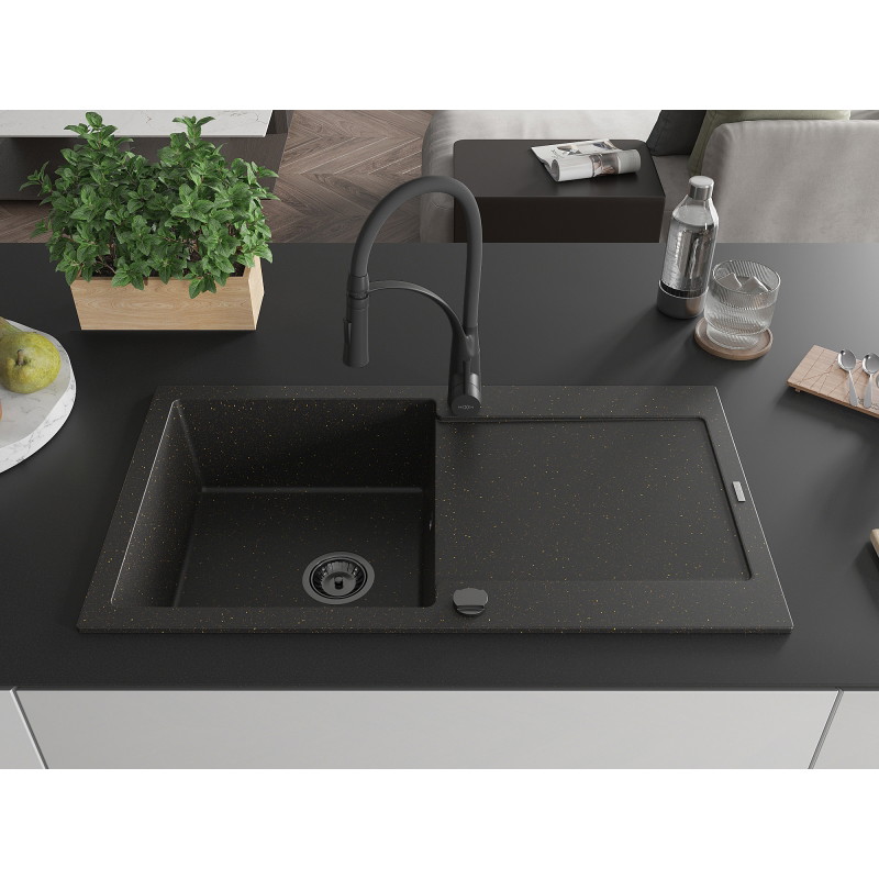Mexen Leo 1-bowl granite sink with drainer and Aster kitchen faucet, black/gold metallic - 6501-75-73450-70-B