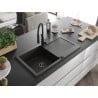 Mexen Leo 1-bowl granite sink with drainer and Aster kitchen tap, black/gold metallic - 6501-75-73450-70-B
