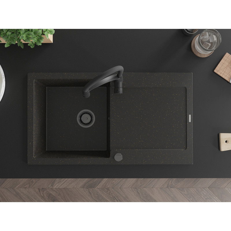 Mexen Leo 1-bowl granite sink with drainer and Aster kitchen tap, black/gold metallic - 6501-75-73450-70-B