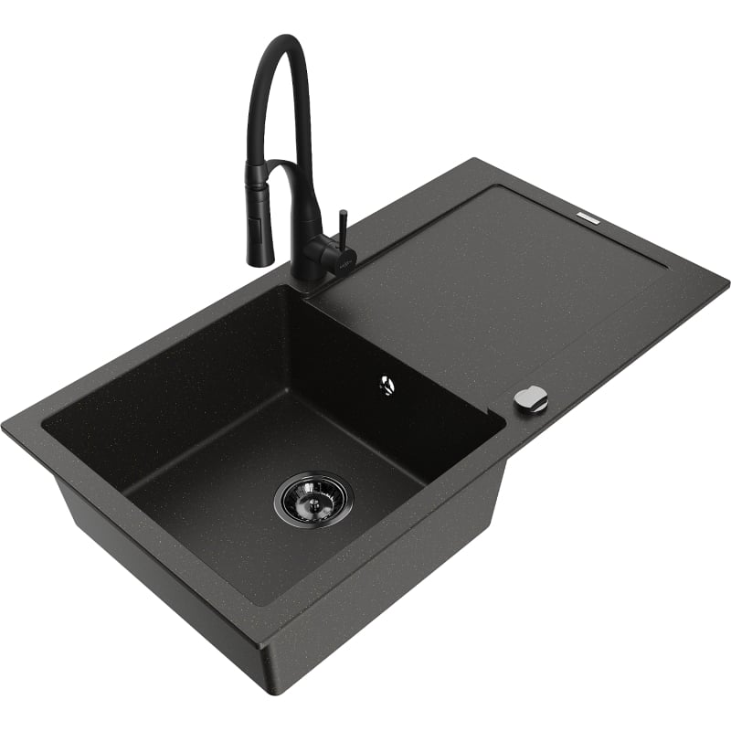 Mexen Leo 1-bowl granite sink with drainer and Aster kitchen faucet, black/gold metallic - 6501-75-73450-70-B