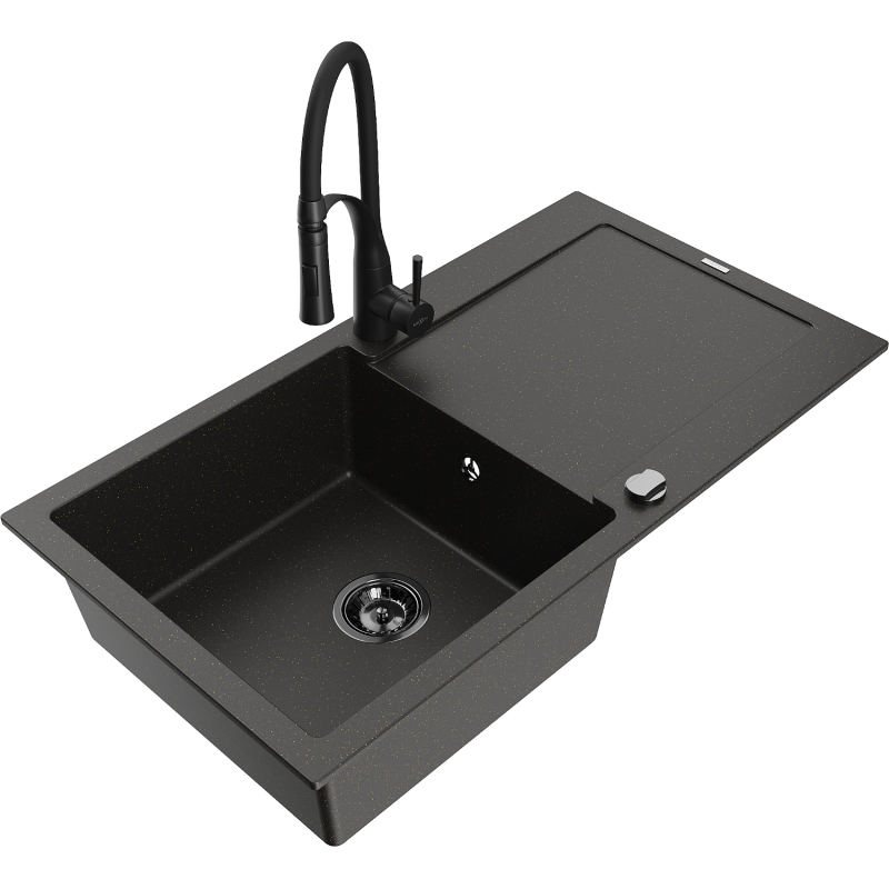 Mexen Leo 1-bowl granite sink with drainer and Aster kitchen tap, black/gold metallic - 6501-75-73450-70-B