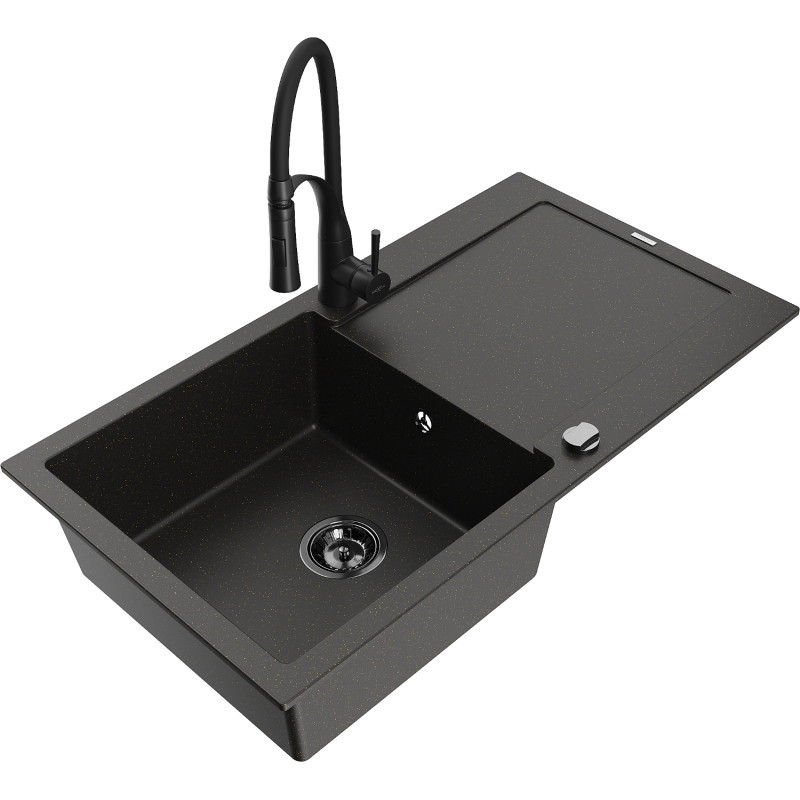 Mexen Leo 1-bowl granite sink with drainer and kitchen faucet Aster, black/gold metallic - 6501-75-73450-70-B