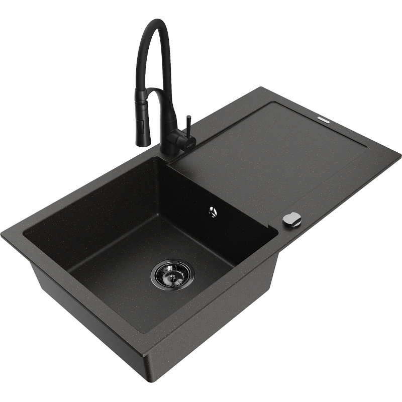Mexen Leo 1-compartment granite sink with a drip tray and kitchen mixer tap Aster, Black/Gold metallic - 6501-75-73450-70-B