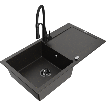 Mexen Leo 1-bowl granite sink with drainer and Aster kitchen faucet, black/gold metallic - 6501-75-73450-70-B
