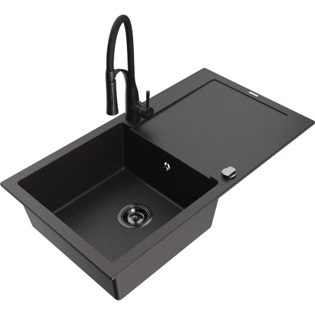 Mexen Leo 1-bowl granite sink with drainer and kitchen faucet Aster, black/gold metallic - 6501-75-73450-70-B