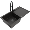 Mexen Leo 1-bowl granite sink with drainer and Aster kitchen faucet, black/gold metallic - 6501-75-73450-70-B