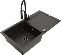 Mexen Leo 1-bowl granite sink with drainer and kitchen faucet Aster, black/gold metallic - 6501-75-73450-70-B