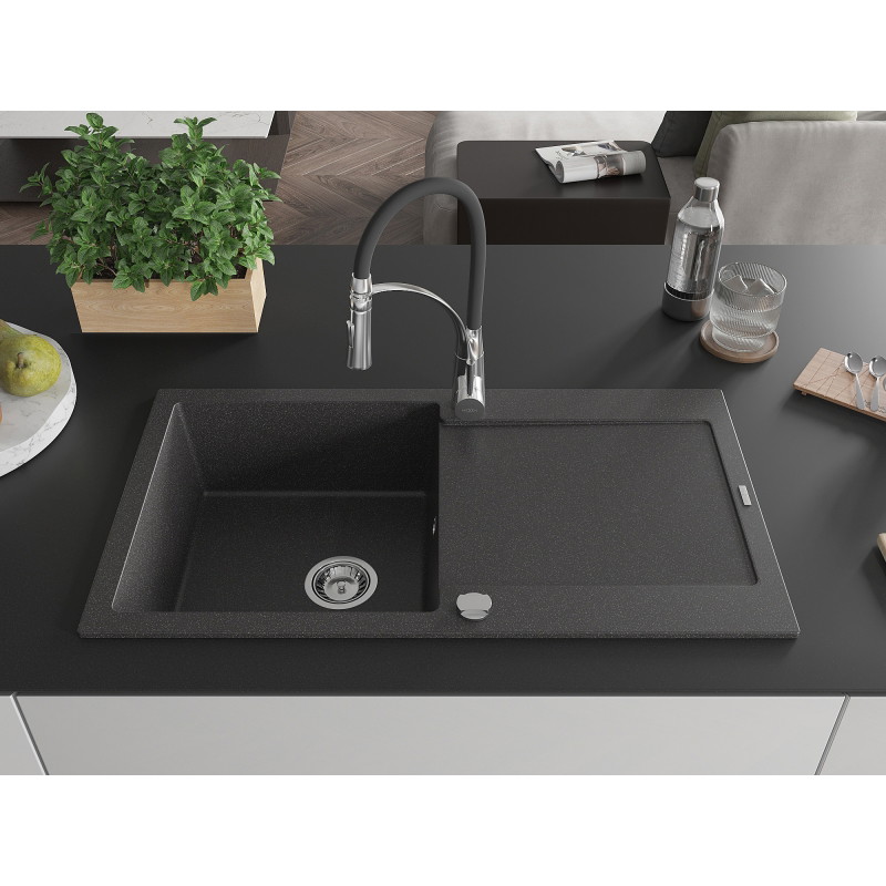 Mexen Leo granite sink 1-bowl with drainer and Aster kitchen faucet, black speckled - 6501-76-73450-07