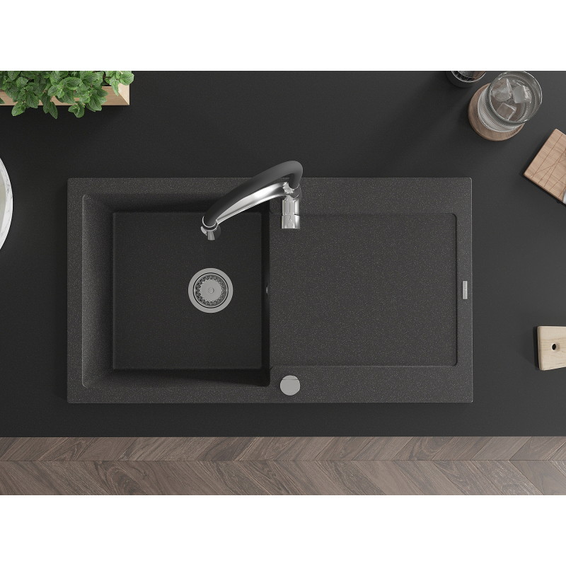 Mexen Leo 1-bowl granite sink with drainer and Aster kitchen faucet, black speckled - 6501-76-73450-07