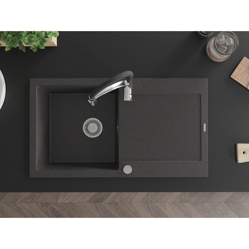 Mexen Leo granite sink 1-bowl with drainer and Aster kitchen tap, black speckled - 6501-76-73450-07