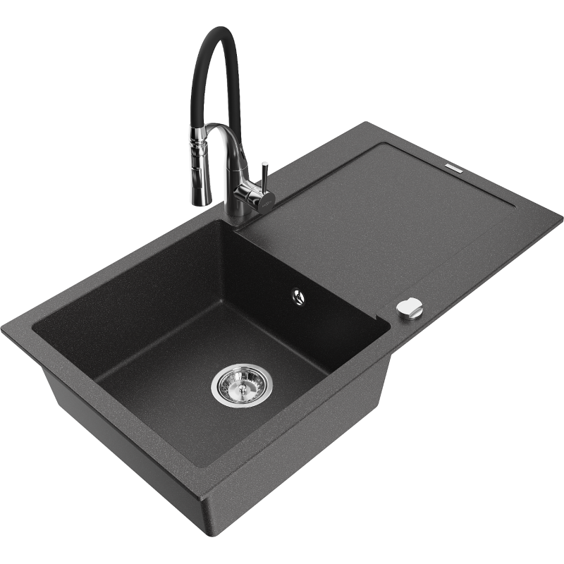 Mexen Leo granite sink 1-bowl with drainer and Aster kitchen tap, black speckled - 6501-76-73450-07
