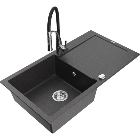 Mexen Leo 1-bowl granite sink with drainer and Aster kitchen faucet, black speckled - 6501-76-73450-07