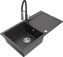 Mexen Leo 1-bowl granite sink with drainer and Aster kitchen faucet, black speckled - 6501-76-73450-07