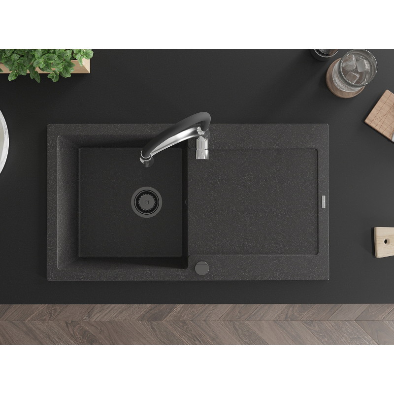 Mexen Leo 1-bowl granite sink with drainer and Aster kitchen faucet, speckled black - 6501-76-73450-07-B