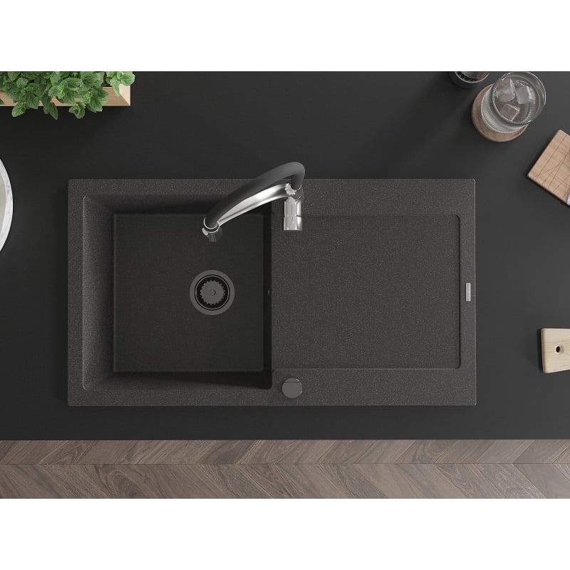 Mexen Leo granite kitchen sink, single-bowl with drainer and kitchen faucet Aster, speckled black - 6501-76-73450-07-B