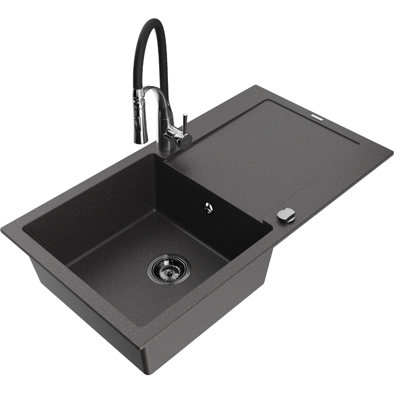 Mexen Leo granite sink 1-bowl with drainer and Aster kitchen tap, speckled black - 6501-76-73450-07-B