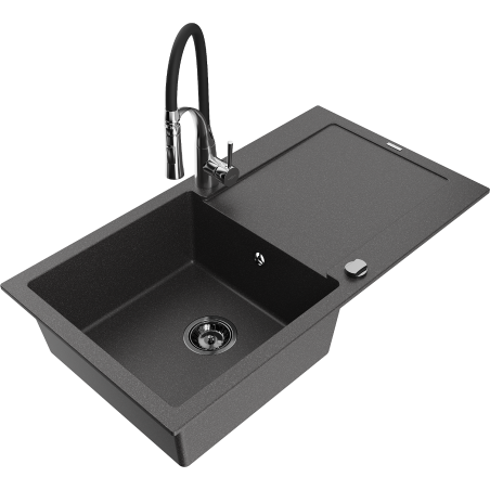 Mexen Leo granite sink 1-bowl with drainer and Aster kitchen tap, speckled black - 6501-76-73450-07-B
