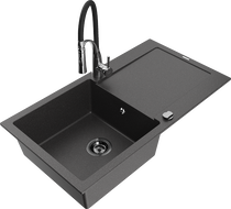 Mexen Leo 1-bowl granite sink with drainer and Aster kitchen faucet, speckled black - 6501-76-73450-07-B