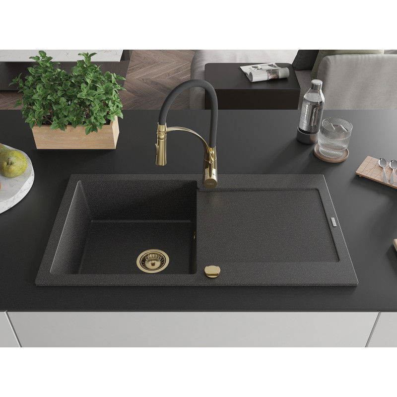 Mexen Leo 1-bowl granite sink with drainer and Aster kitchen tap, speckled black - 6501-76-73450-57-G
