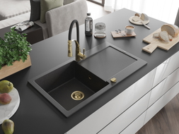 Mexen Leo granite kitchen sink 1-bowl with drainer and kitchen faucet Aster, black speckled - 6501-76-73450-57-G