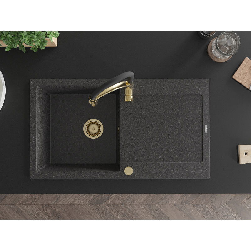 Mexen Leo 1-bowl granite sink with drainer and Aster kitchen tap, speckled black - 6501-76-73450-57-G