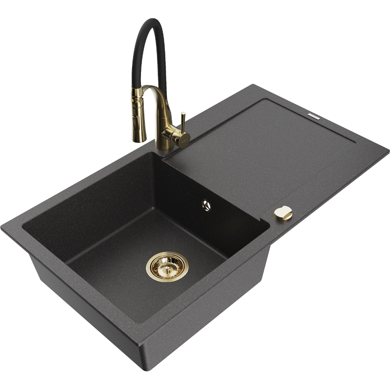 Mexen Leo 1-bowl granite sink with drainer and Aster kitchen tap, speckled black - 6501-76-73450-57-G