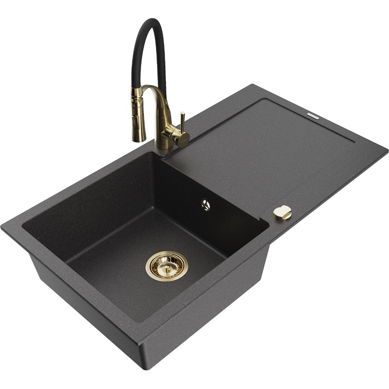 Mexen Leo granite kitchen sink 1-compartment with drainer and kitchen faucet Aster, black speckled - 6501-76-73450-57-G