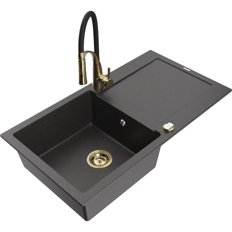 Mexen Leo granite kitchen sink 1-bowl with drainer and kitchen faucet Aster, black speckled - 6501-76-73450-57-G