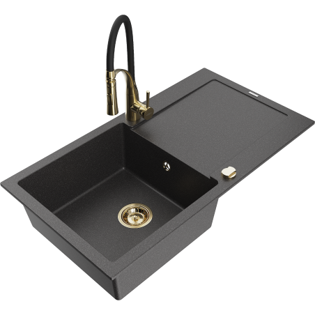 Mexen Leo granite kitchen sink 1-compartment with drainer and kitchen faucet Aster, black speckled - 6501-76-73450-57-G