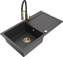 Mexen Leo granite kitchen sink 1-bowl with drainer and kitchen faucet Aster, black speckled - 6501-76-73450-57-G
