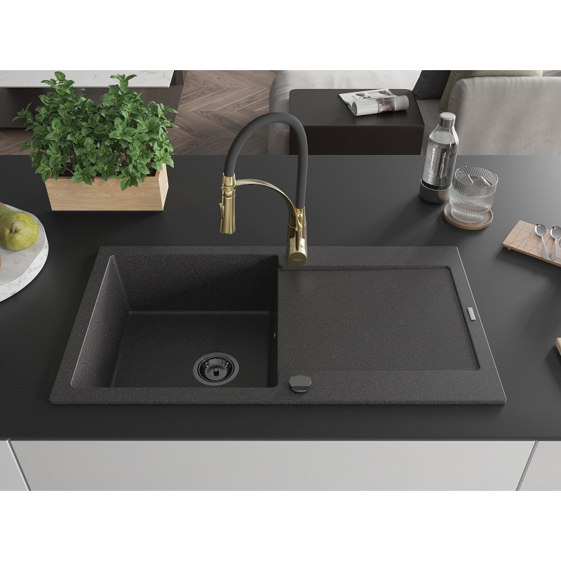 Mexen Leo granite sink 1-bowl with drainer and Aster kitchen faucet, speckled black - 6501-76-73450-57-B