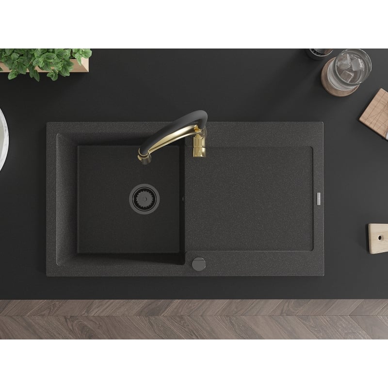 Mexen Leo granite sink 1-bowl with drainer and Aster kitchen faucet, speckled black - 6501-76-73450-57-B
