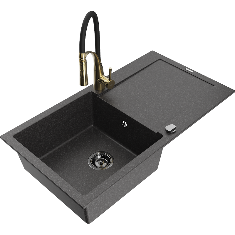 Mexen Leo granite sink single-bowl with drainer and Aster kitchen tap, black speckled - 6501-76-73450-57-B